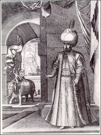 Engraving of Suleyman and the Suleymaniye complex, by Melchior Lorichs, d.1559